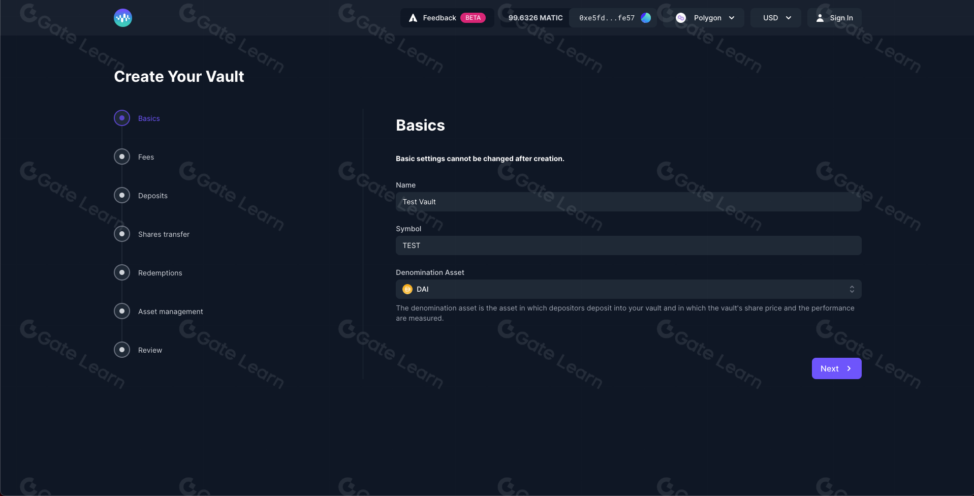 Enzyme Finance dashboard stablecoin vault