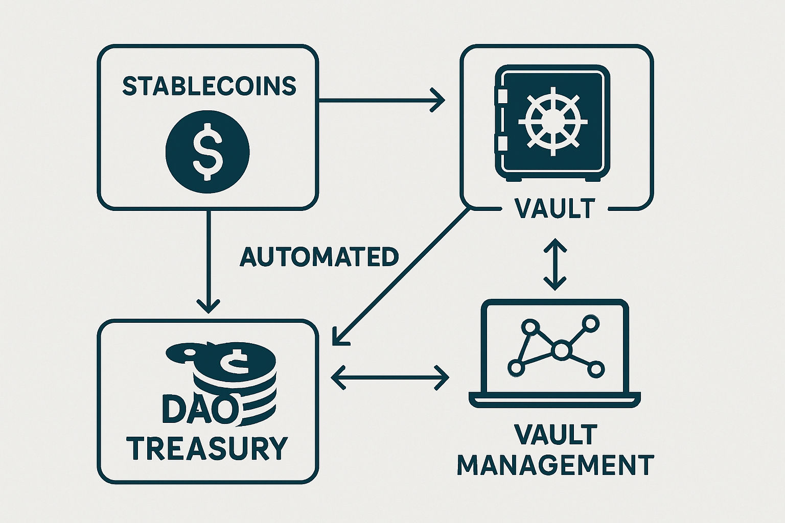 Diagram illustrating automated stablecoin vault management flows in a DAO treasury, highlighting strategies like automated rebalancing, multisig controls, real-time risk monitoring, yield optimization, and transparent on-chain workflows.