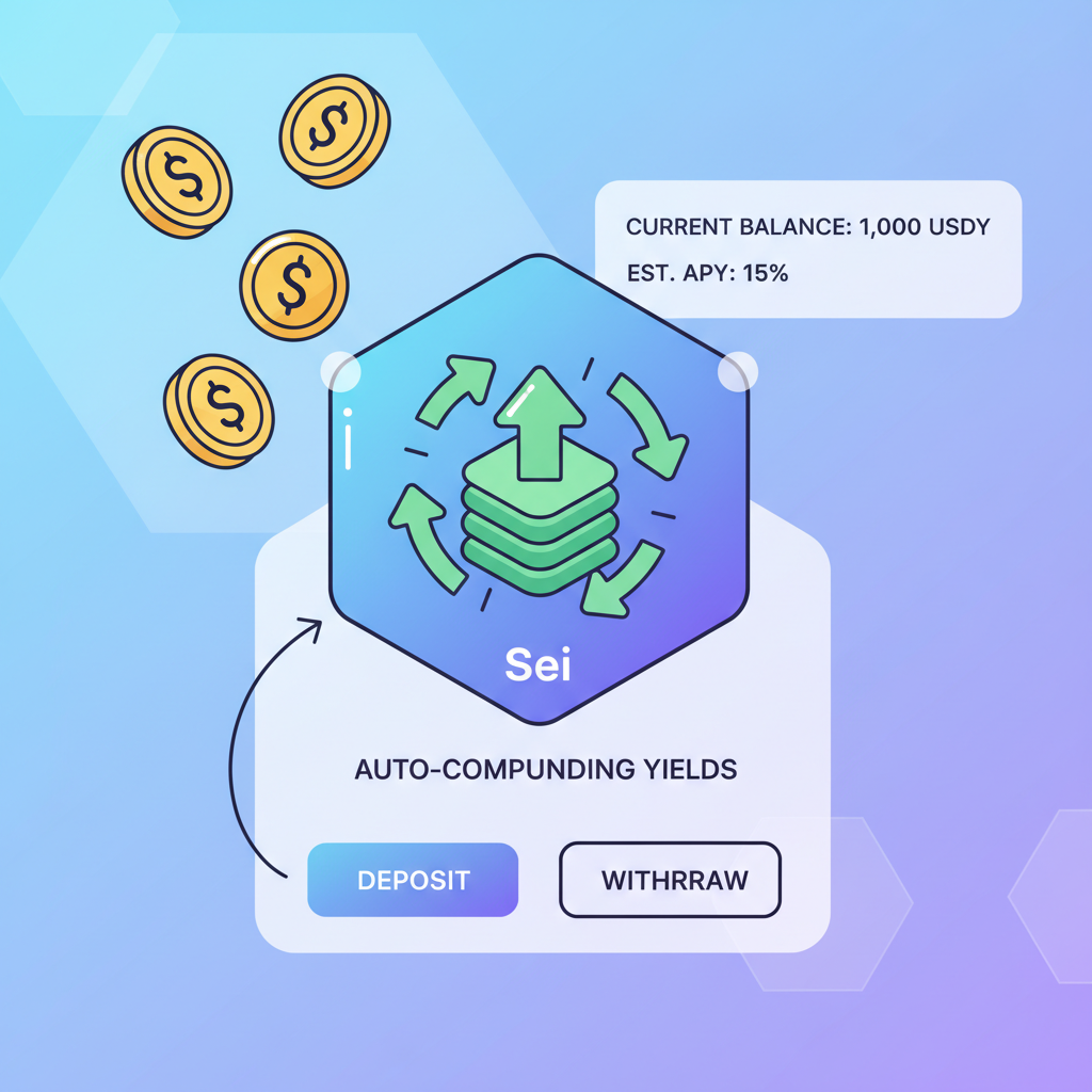 USDY tokens depositing into glowing Sei vault, auto-compound arrows cycling yields, DeFi vault interface