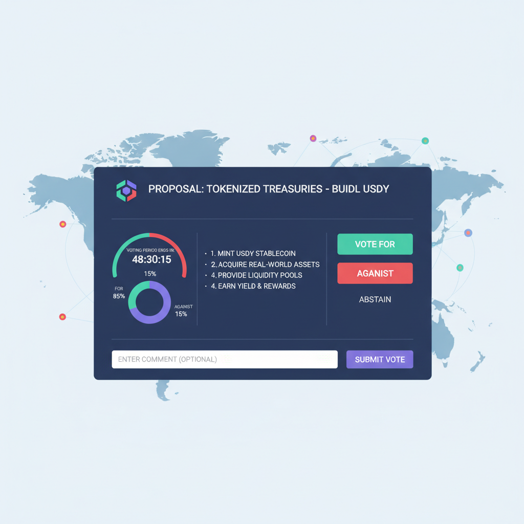 DAO governance vote interface with proposal on tokenized treasuries BUIDL USDY, futuristic dashboard, professional