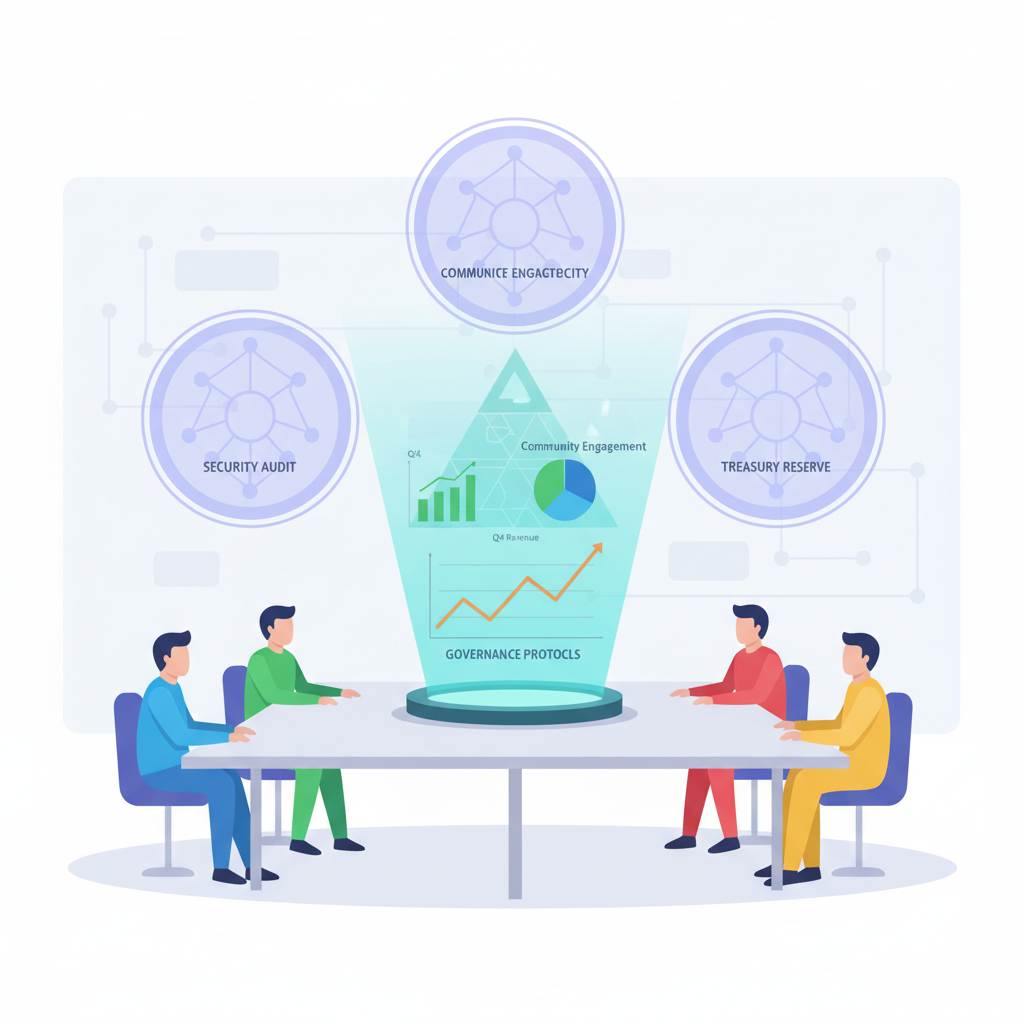 quarterly DAO review meeting hologram with performance charts and buffer shields