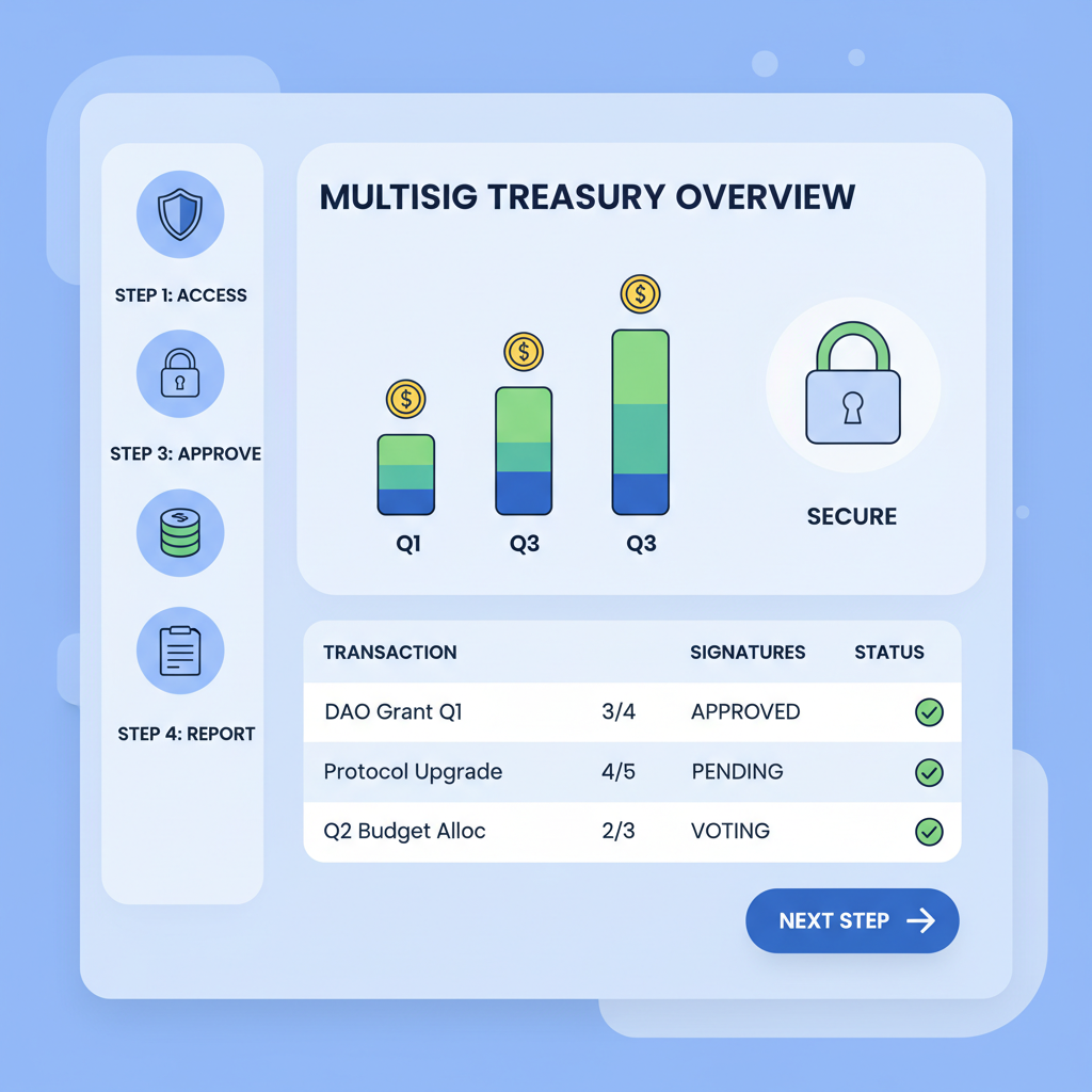 Multisig wallet review dashboard with quarterly treasury charts, secure lock icons