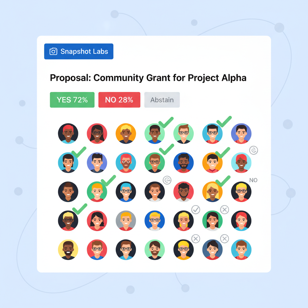 DAO members voting on Snapshot interface, diverse avatars, green checkmarks