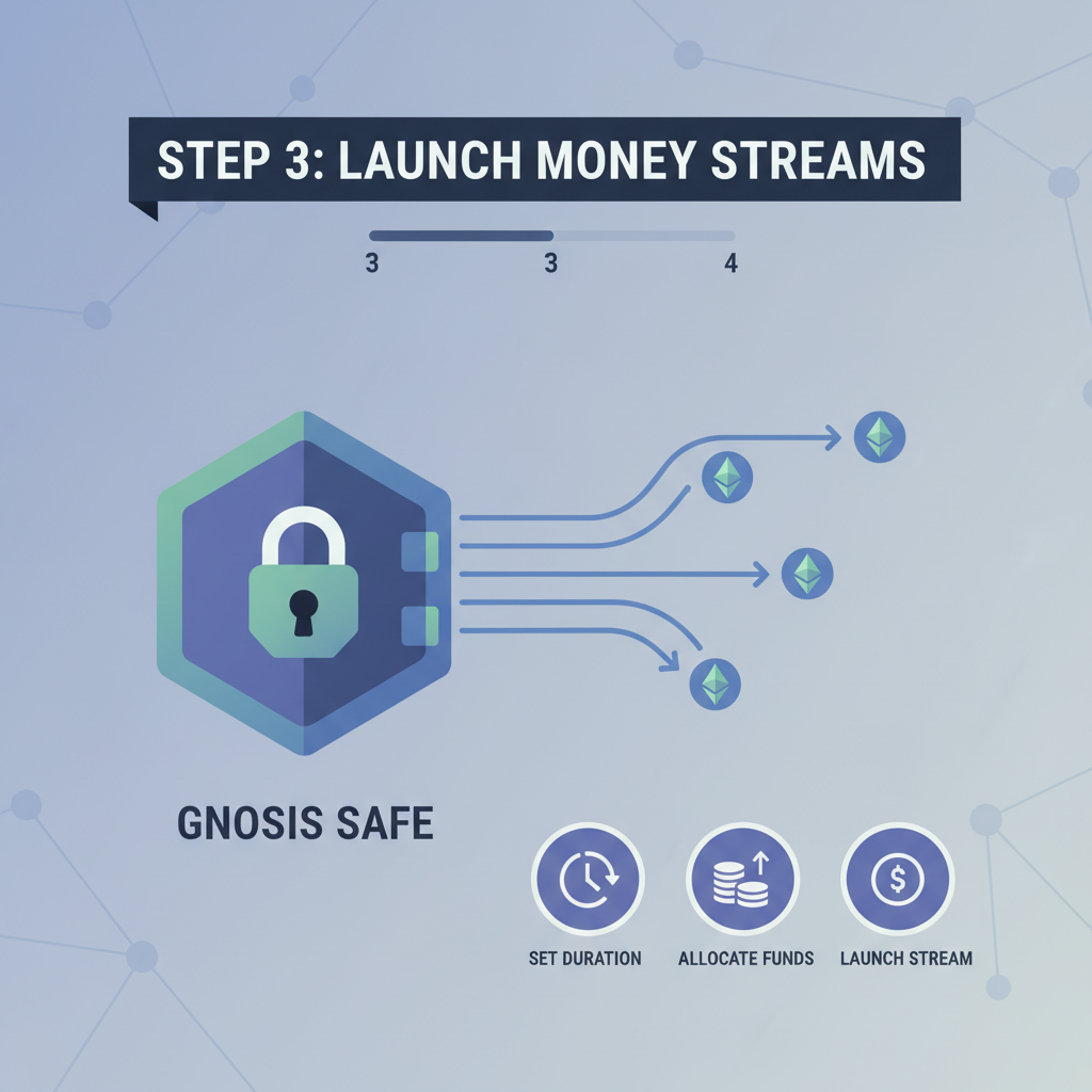 Gnosis Safe interface launching money streams, flowing ETH arrows, secure vault