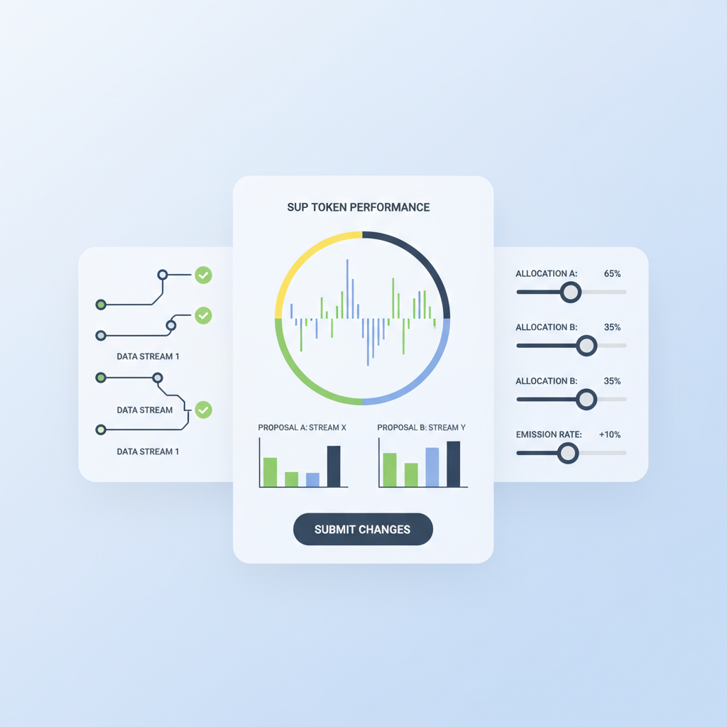Governance dashboard monitoring streams, SUP token charts, adjustment sliders