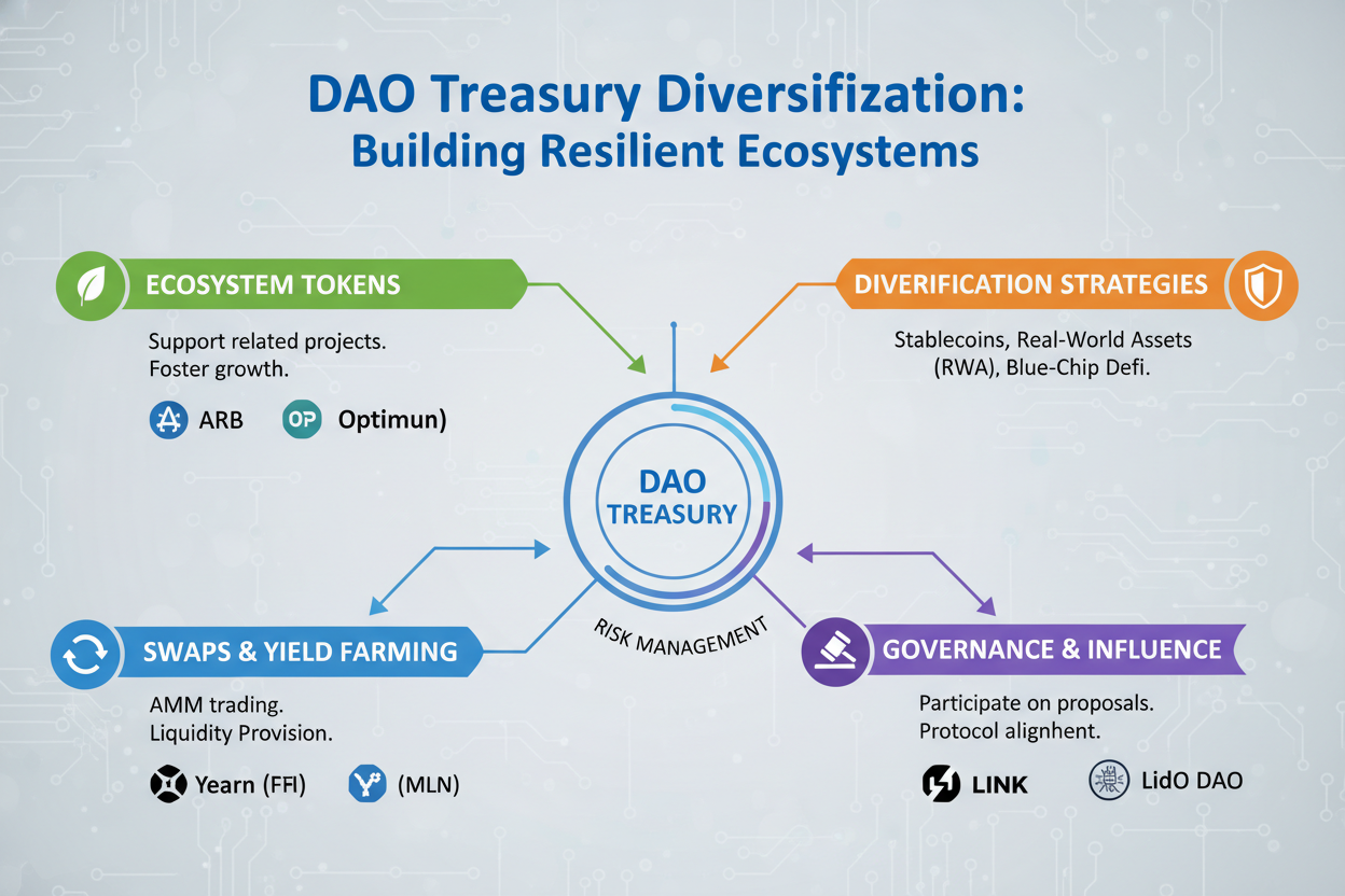 Infographic illustrating DAO treasury diversification strategies in 2026: governance token swaps, Layer 2 tokens like ARB OP MATIC, infrastructure tokens LINK LDO, on-chain index funds, and automated rebalancing vaults via Yearn Enzyme