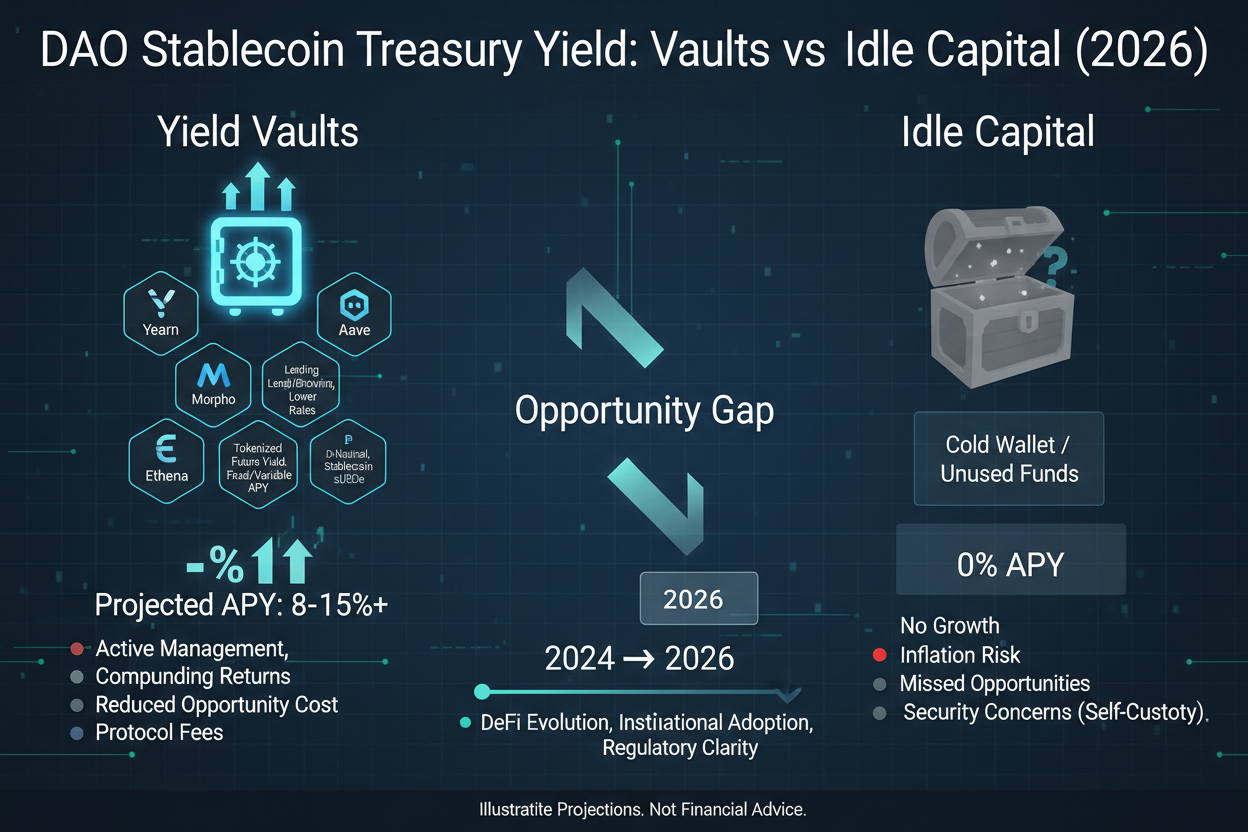 Infographic contrasting idle DAO stablecoin treasuries with yield-optimized DeFi vaults in 2026, showcasing strategies like Anoma solvers, Ethena sUSDe, Morpho Blue pools, Pendle PT-USDC, Yearn V3, and Aave V3 for maximizing on-chain returns