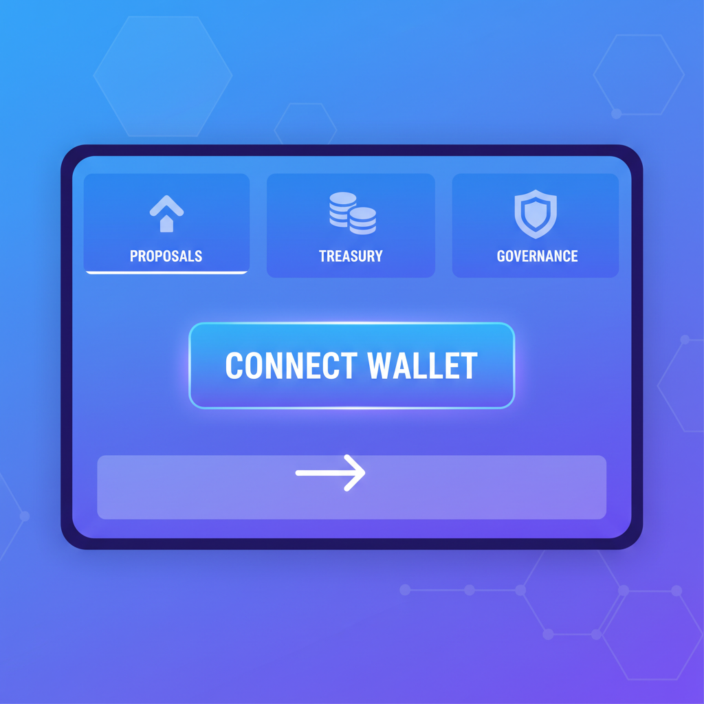 Solana Realms DAO dashboard with wallet connection button highlighted, futuristic UI, blue and purple tones
