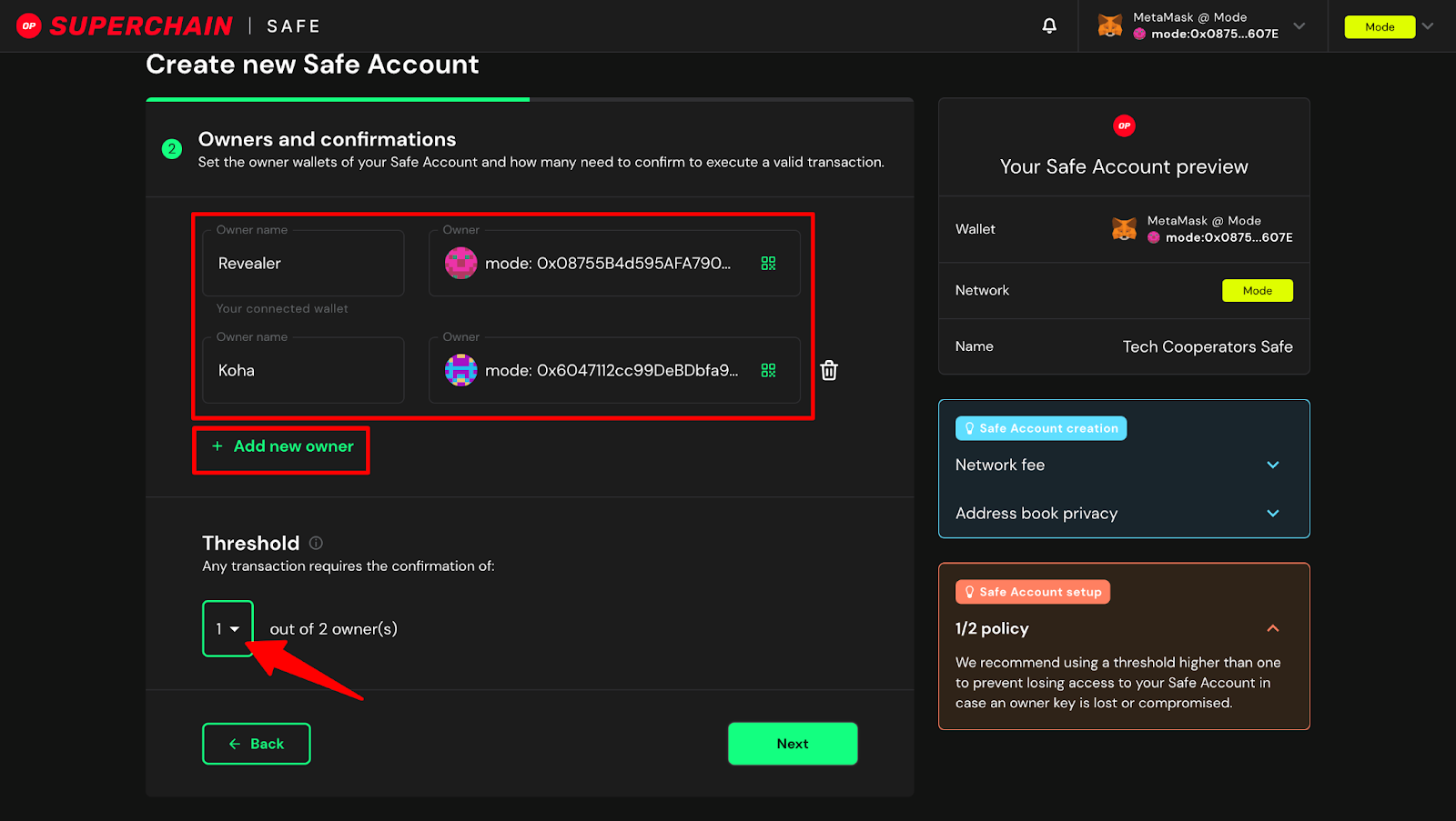 Safe multisig wallet threshold configuration