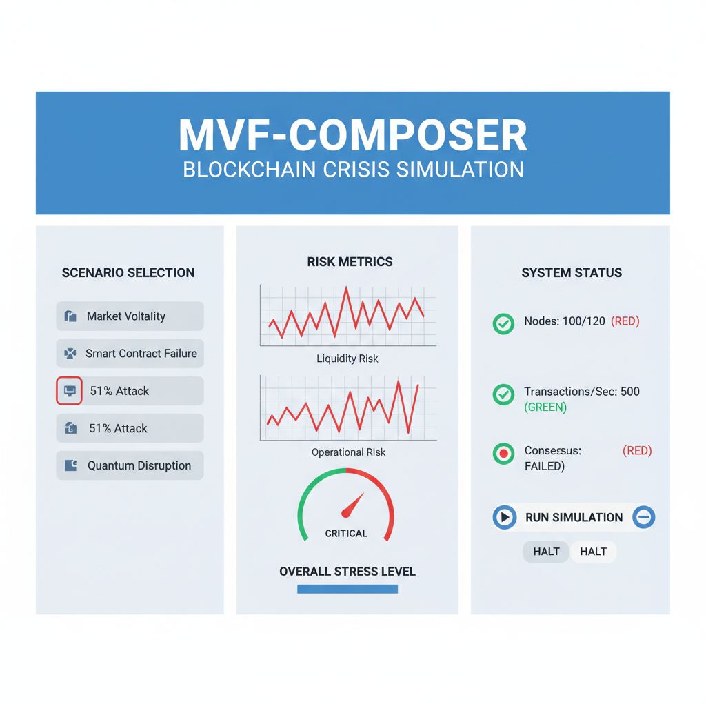 Stress testing simulation dashboard MVF-Composer, blockchain crisis scenarios, risk graphs spiking