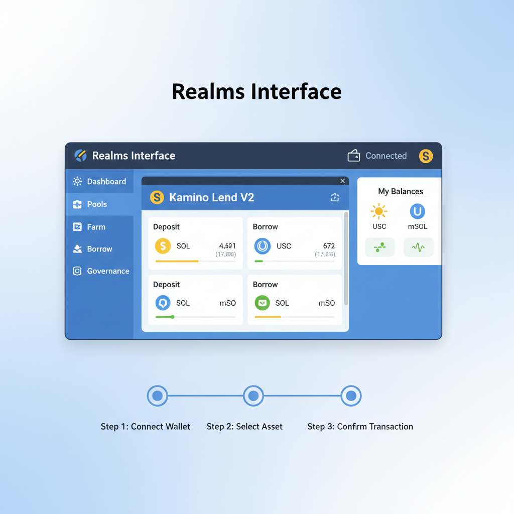 Realms interface showing Kamino Lend V2 plugin, clean DeFi dashboard, Solana ecosystem icons