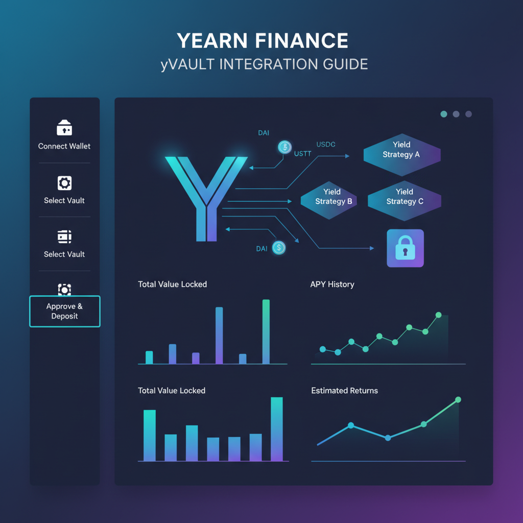 Yearn Finance yVault integration dashboard, stablecoins flowing into yield strategies, DeFi charts glowing